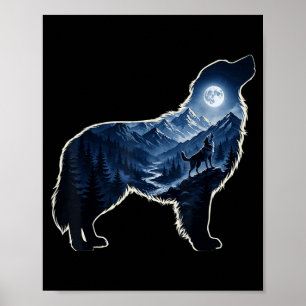 Poster Chien hurlant forêt de montagne au clair de lune a