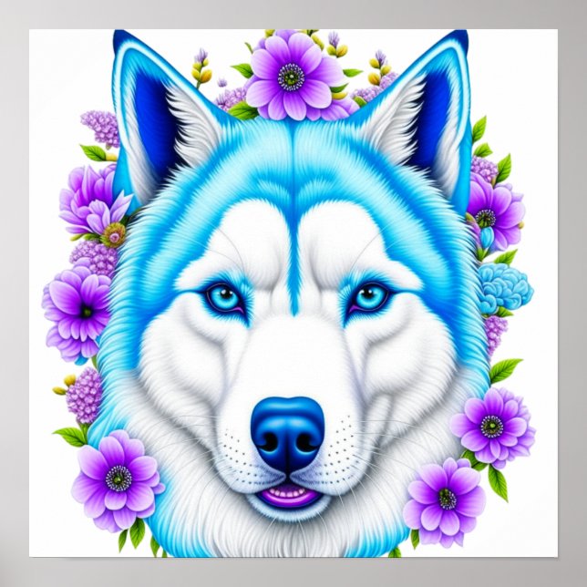 Poster Chien Husky avec yeux et fleurs bleus (Devant)