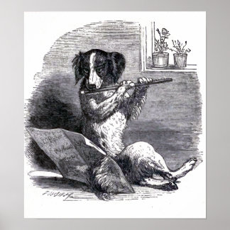 Poster "Chien jouant de la flûte" Illustration vintage
