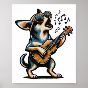 Poster Chien Jouant de la Guitare Chantant Chihuahua Drôl