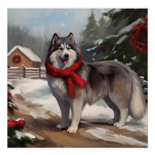 Poster Chien malamué de l'Alaska en Noël de neige
