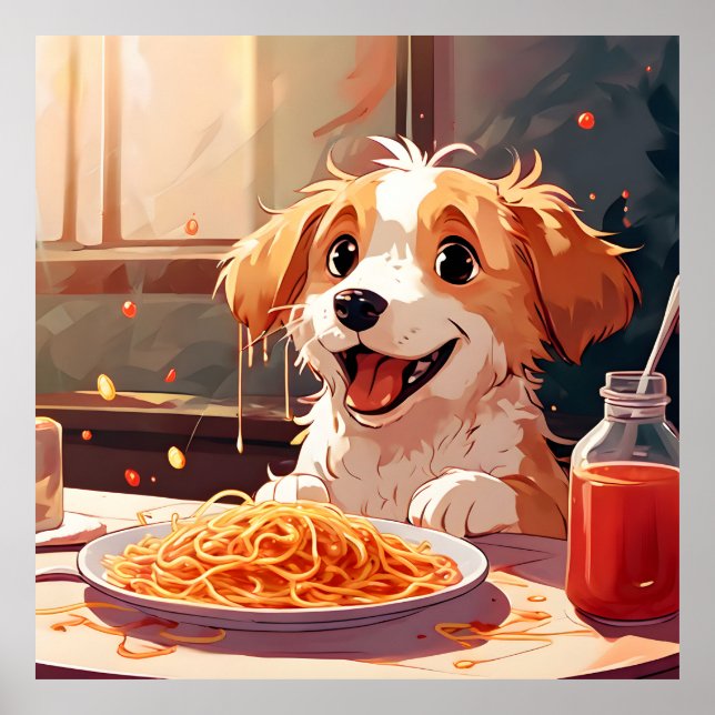 Poster Chien mangeant spaghetti (Devant)