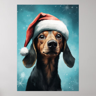 Poster Chien mignon portant le chapeau du Père Noël Dachs