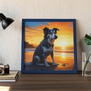 Poster Chien mignon sur la plage au coucher du soleil 