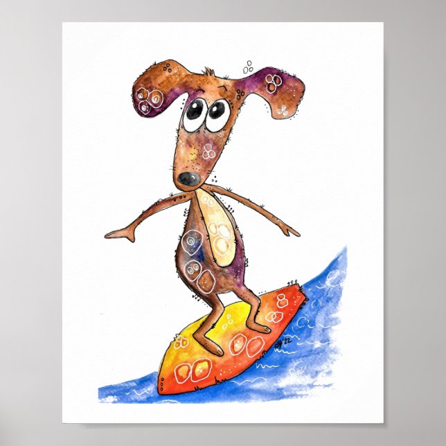 Poster Chien mignon Whimsical sur Surboard (Devant)