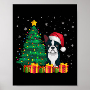 Poster Chien moche Boston Terrier Santa Hat Noël Lumières