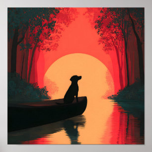 Poster Chien noir minimaliste du coucher du soleil