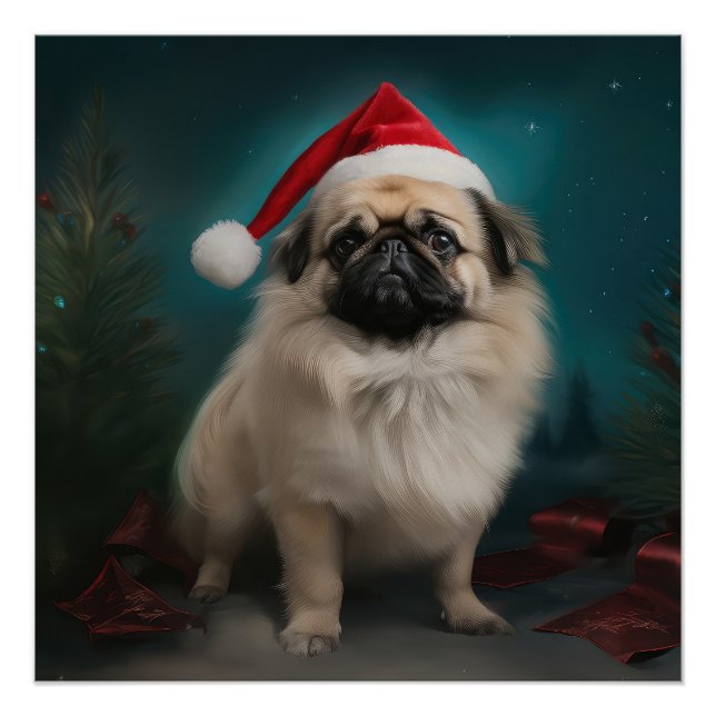 Poster Chien pekingese pendant Noël de neige (Devant)