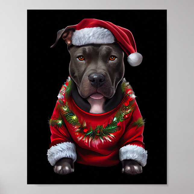 Poster Chien Pitbull de Noël portant des Noël Santas Casq (Devant)