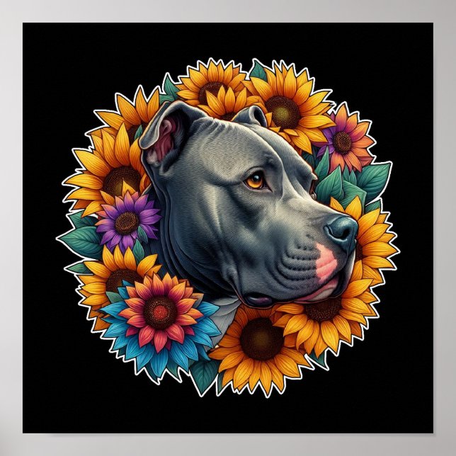 Poster Chien Pitbull entouré de tournesols vibrants (Devant)