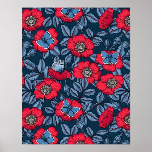 Poster Chien rose et papillons en bleu et rouge (Devant)