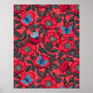 Poster Chien rose et papillons en rouge et bleu