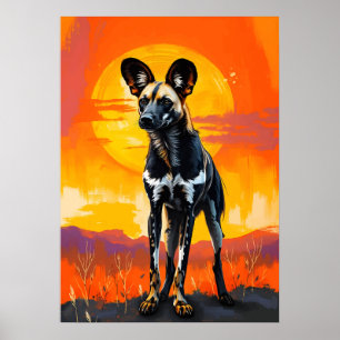 Poster Chien sauvage africain au coucher du soleil - Bold