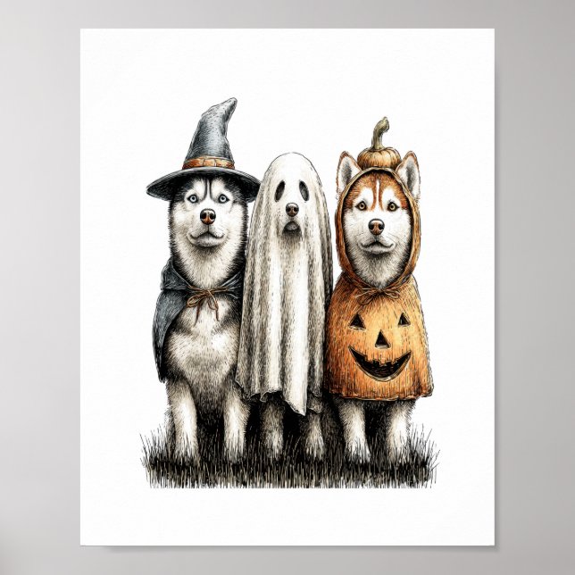 Poster Chien sibérien Husky Ghost d'Halloween (Devant)