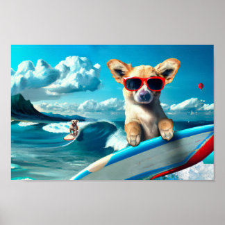 Poster Chien sur le Surboard portant des lunettes de sole