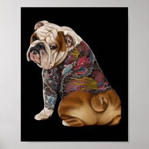 Poster Chien taureau anglais avec tatouage de dragon japo