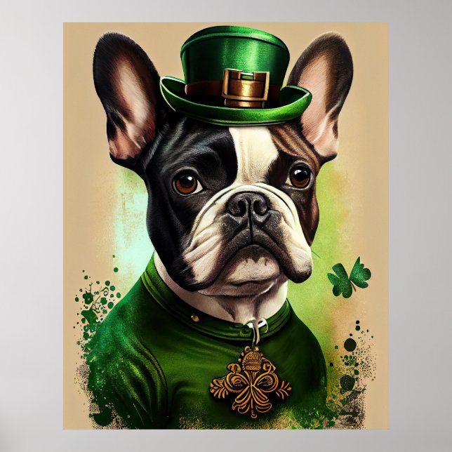 Poster Chien-taureau français en tenue de la Saint Patric (Devant)