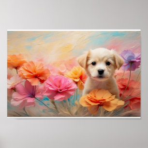 Poster Chien téléchargeable entouré de fleurs pastel