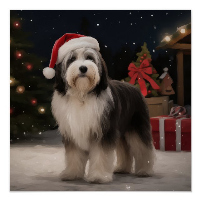Poster Chien tibétain de Terrier en Noël de neige (Devant)
