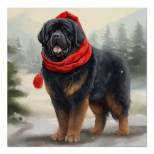 Poster Chien tibétain mastiff à Noël de neige