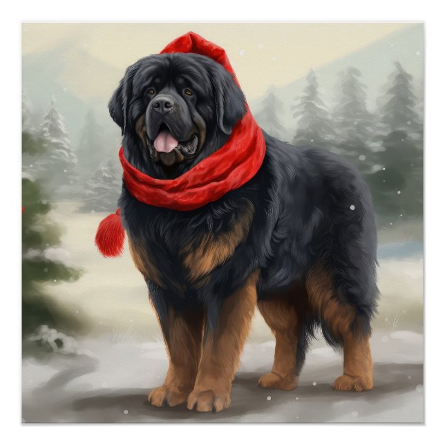 Poster Chien tibétain mastiff à Noël de neige (Devant)