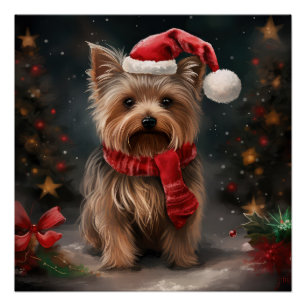 Poster Chien Yorkshire Terrier dans la neige Noël
