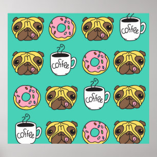 Poster Chiens amusants, beignets, motif de café.