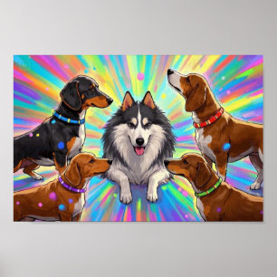 Poster Chiens Chiots avec fond arc-en-ciel