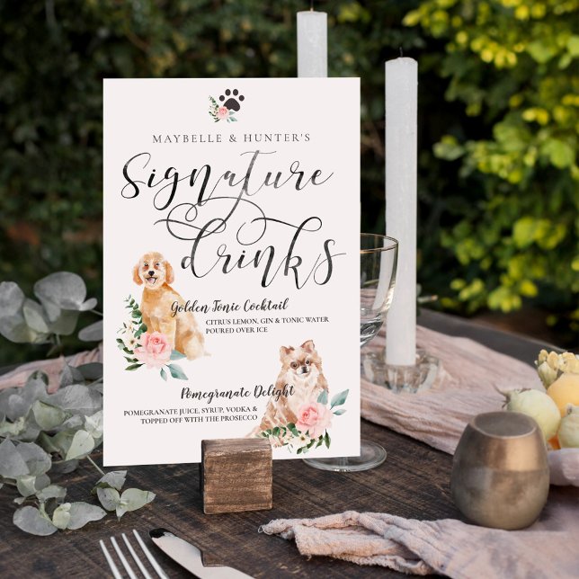 Poster Chiens d'aquarelle mignonne Boissons Signature Cou (Cute Watercolor Dogs Couple's Signature Drinks Poster)