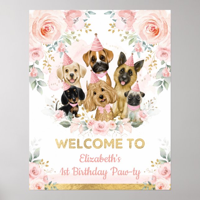 Poster Chiens de compagnie Chic Blush Gold Puppies Annive (Devant)