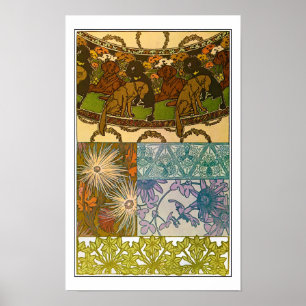 Poster Chiens et fleurs de style Art Nouveau, Mucha