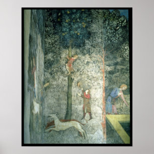 Poster Chiens et hommes de chasse grimpant à un arbre