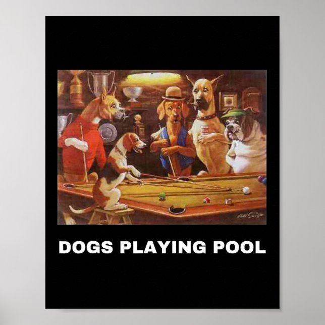 Poster Chiens Jouer Pool Art Travail Chiots Snooker Poche (Devant)