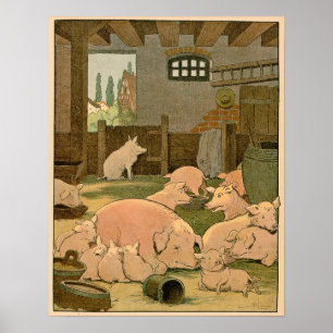 Poster Chiens-mères et petits porcelets à la ferme