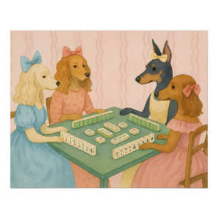 Poster Chiens mignons vintage jouant au Mahjong