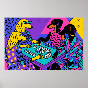 Poster Chiens Rétro Jouant au Mahjong