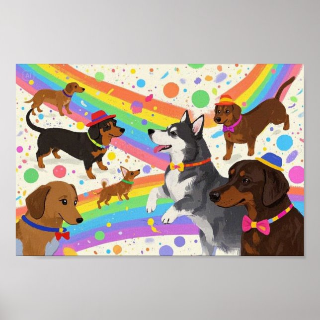 Poster Chiens sympas avec arc-en-ciel (Devant)