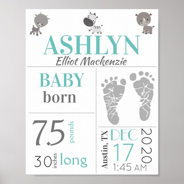 Poster Chiffres de naissance de bébé Signe Empreinte et Z (Devant)