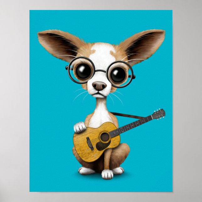 Poster Chihuahua Chiot Jouant à la vieille guitare acoust (Devant)
