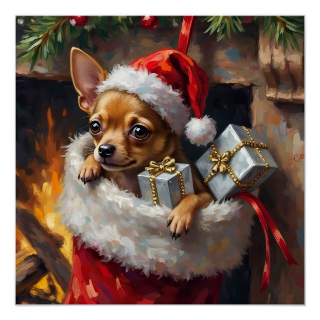 Poster Chihuahua Dog Christmas Stocking Surprise Art (Devant)
