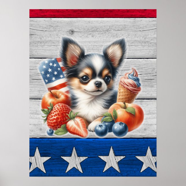 Poster Chihuahua Patriotique Fruit USA Long Hair Chihuahu (Devant)