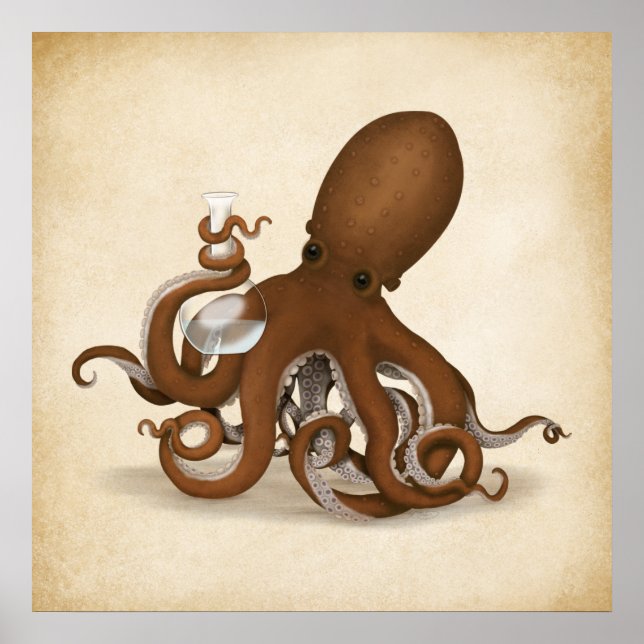 Poster Chimiste Octopus tenant flacon de verre Steampunk  (Devant)