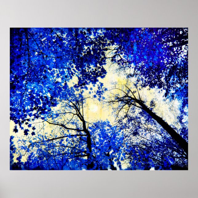 Poster Chine bleu, Photo nature, arbres bleus, lune (Devant)