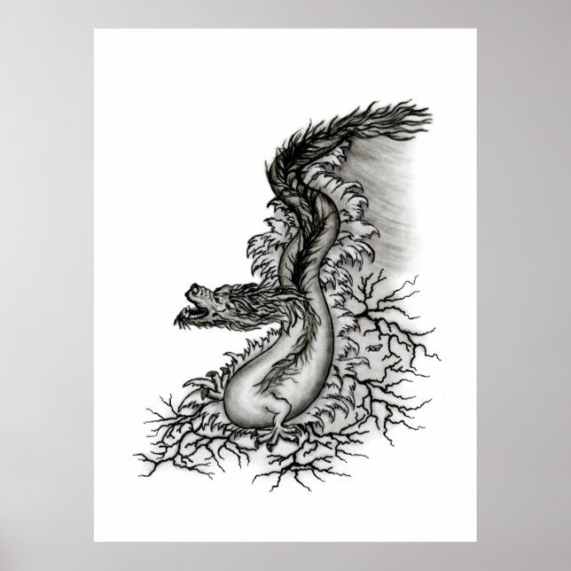 Poster Chine Dragon, noir et blanc Design en Tattoostyl (Devant)