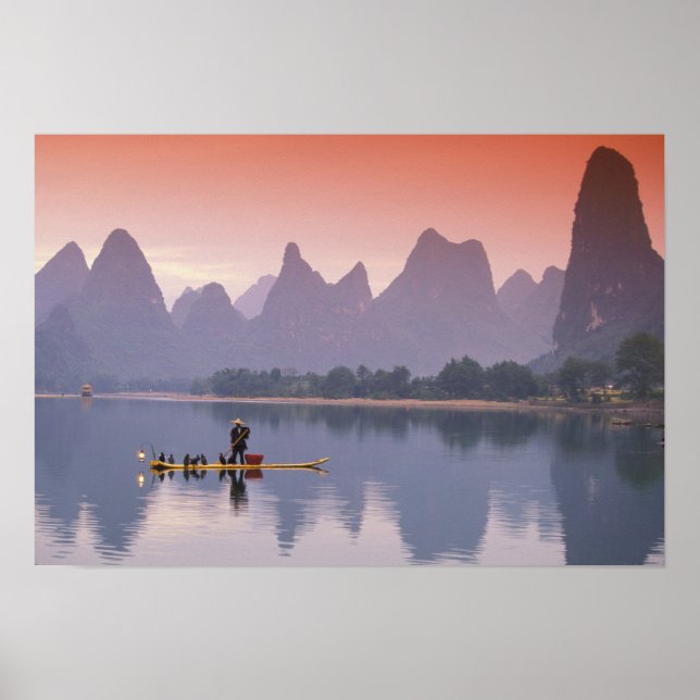 Poster Chine, Li River. Pêcheur unique au cormoran. (Devant)