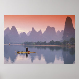 Poster Chine, Li River. Un seul pêcheur cormoran.