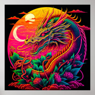 Poster Chinese Dragon Colourful Neon Design