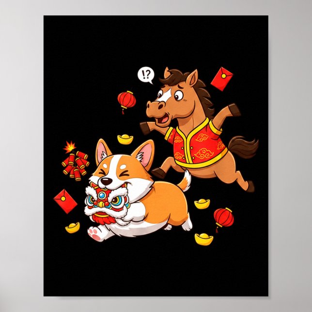 Poster Chinese Horse Corgi Funny Kids Mens Womens Happy N (Devant)