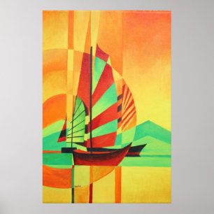 Poster Chinese Junks Sail to Shore In Cubism Geo Art