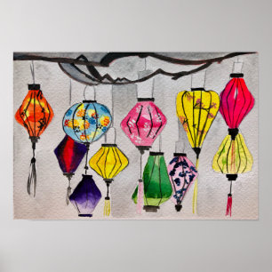 Poster Chinese lanterns watercolor art
